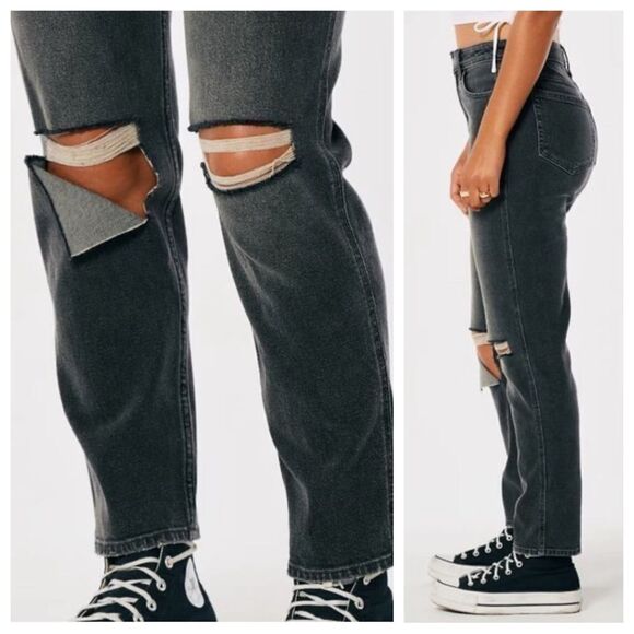 Hollister Ultimate High Rise Mom Jean Black 25 Stretch Ripped - Picture 5 of 16